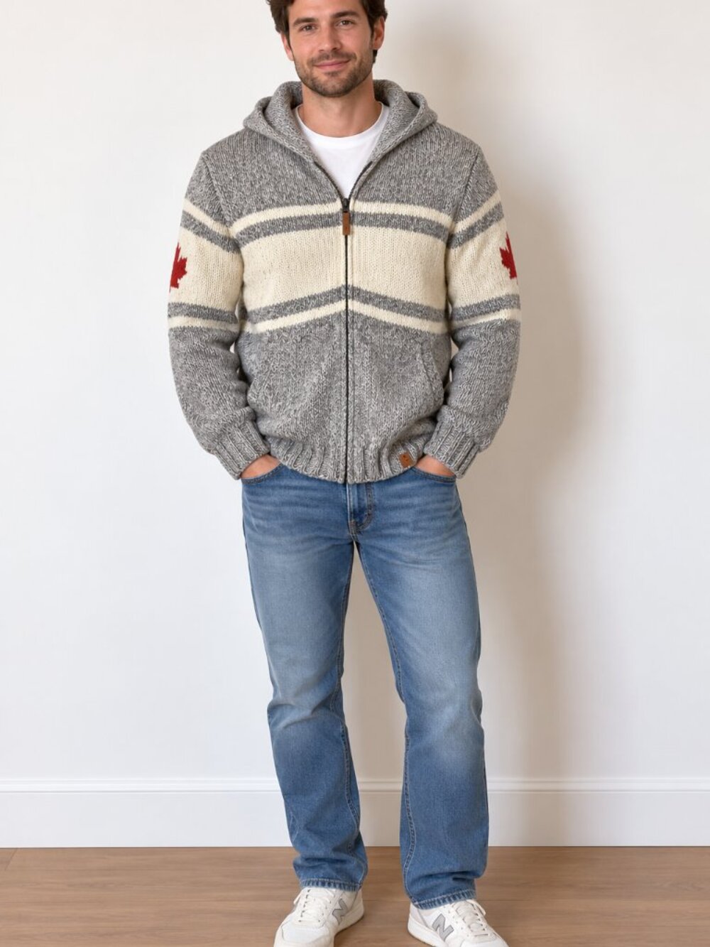 Men's Shawl-Collar Zip Sweater Jacket in Gray, Cream & Red Accent